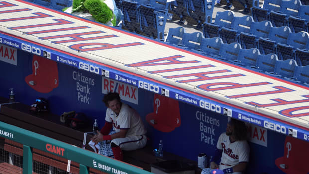 Jul 26, 2020; Philadelphia, Pennsylvania, USA; The Phillie Phanatic looks on during the game against the Miami Marlins at Citizens Bank Park. Mandatory Credit: James Lang-USA TODAY Sports